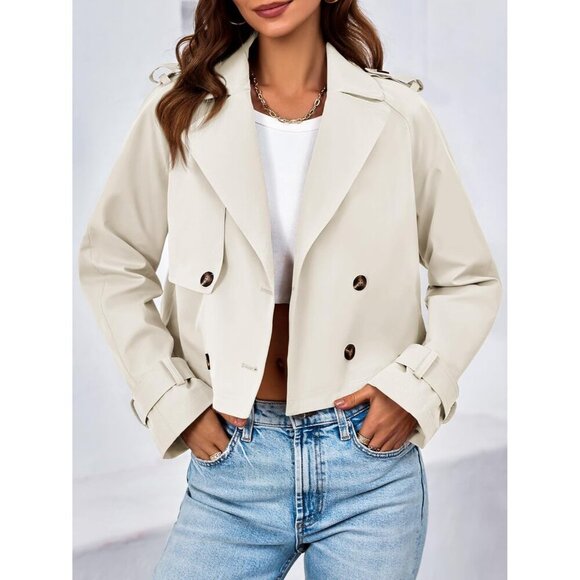 Womens Off-white Cropped Trench Coat Lapel Double Breasted Short Jacket Outwear - Picture 2 of 5